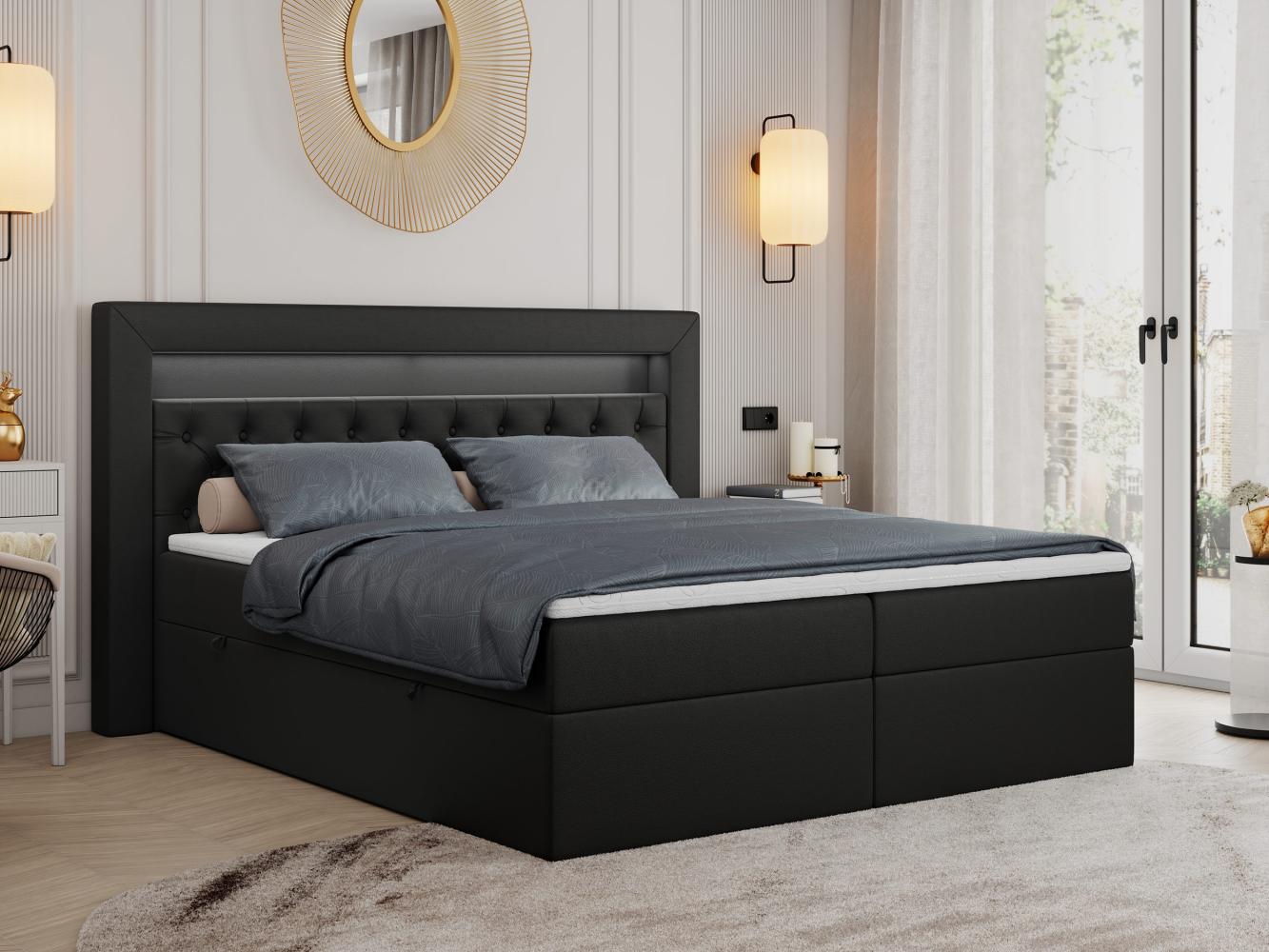 Boxspringbett - Doppelbett mit Multipocket-Matratze und LED - GOLD-6 - 160x200cm - Schwarz Kunstleder - H3 Bild 1