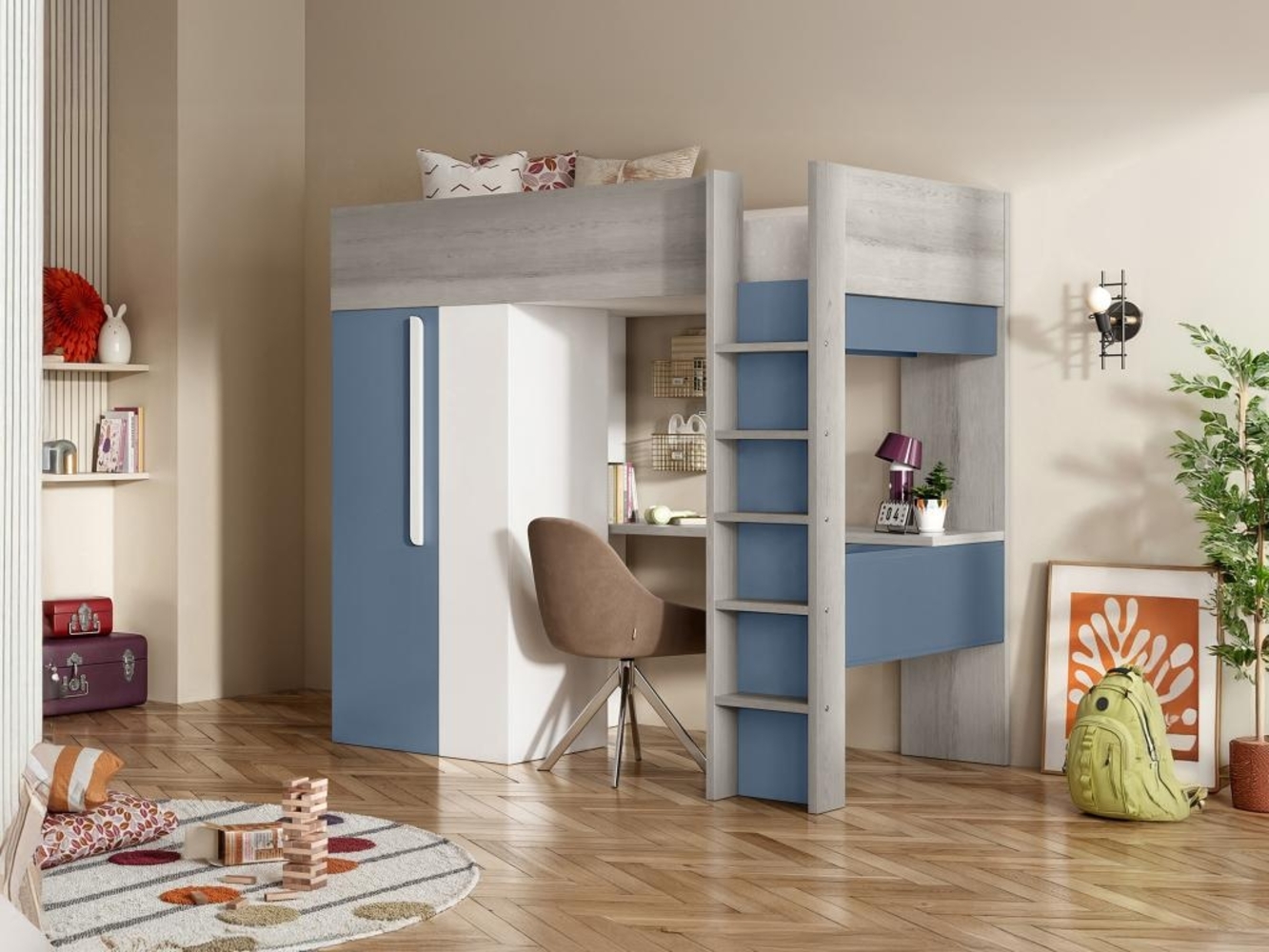 Vente-unique - Hochbett mit Schreibtisch & Kleiderschrank - 90 x 200 cm - Blau & Weiß - NICOLAS Bild 1