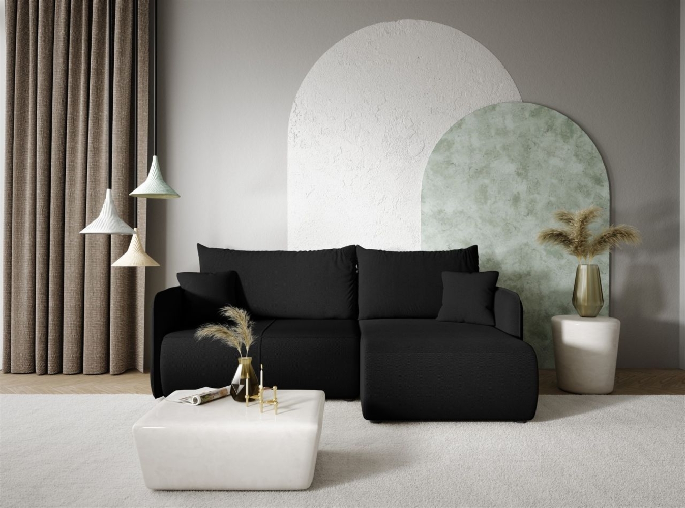 Ecksofa Sofa mit Schlaffunktion CALGARY Stoff Curio Schwarz Ottomane Rechts Bild 1