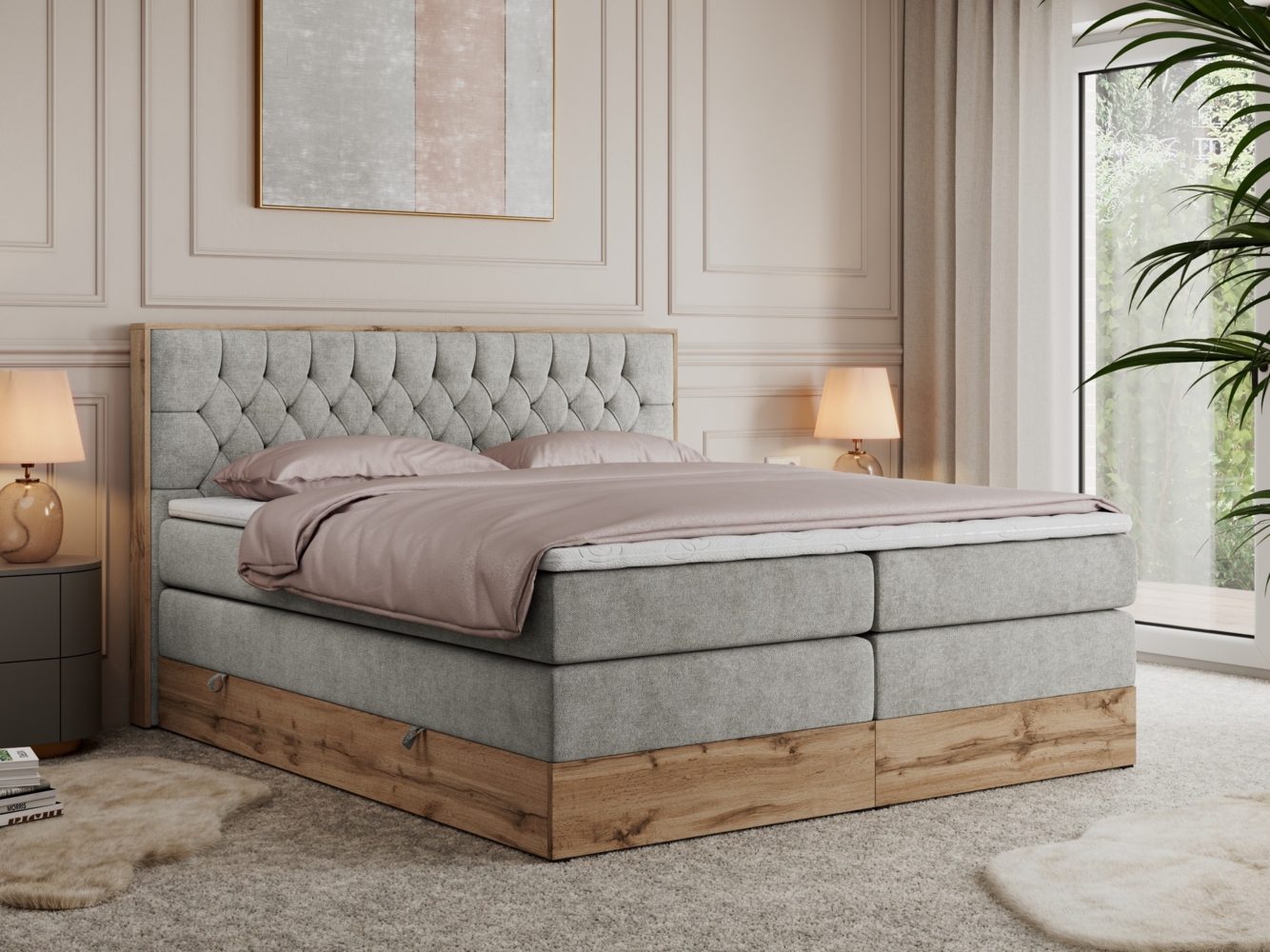 Boxspringbett AMORE KING, Doppelbett mit Multipocket-Matratze, Polsterbett mit Kopfstütze - 200 x 200 cm - Hellgrau Stoff - H3 Bild 1