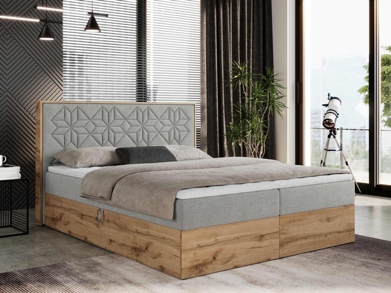 Boxspringbett mit Kopfteil und Topper, Polsterbett - NESSI - 120 x 200 cm - Hellgrau Stoff - H4 - Topper T25 Bild 1