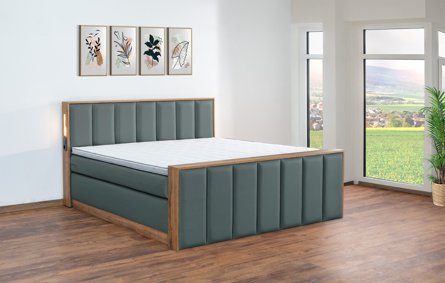 Meisterbetten Boxspringbett Sely mit Holzdekor Eiche Cognac 180x220 in LM-Moorblau, Matratzenbezug Nano, Midisoft-Topper, mit Fussteil Bild 1