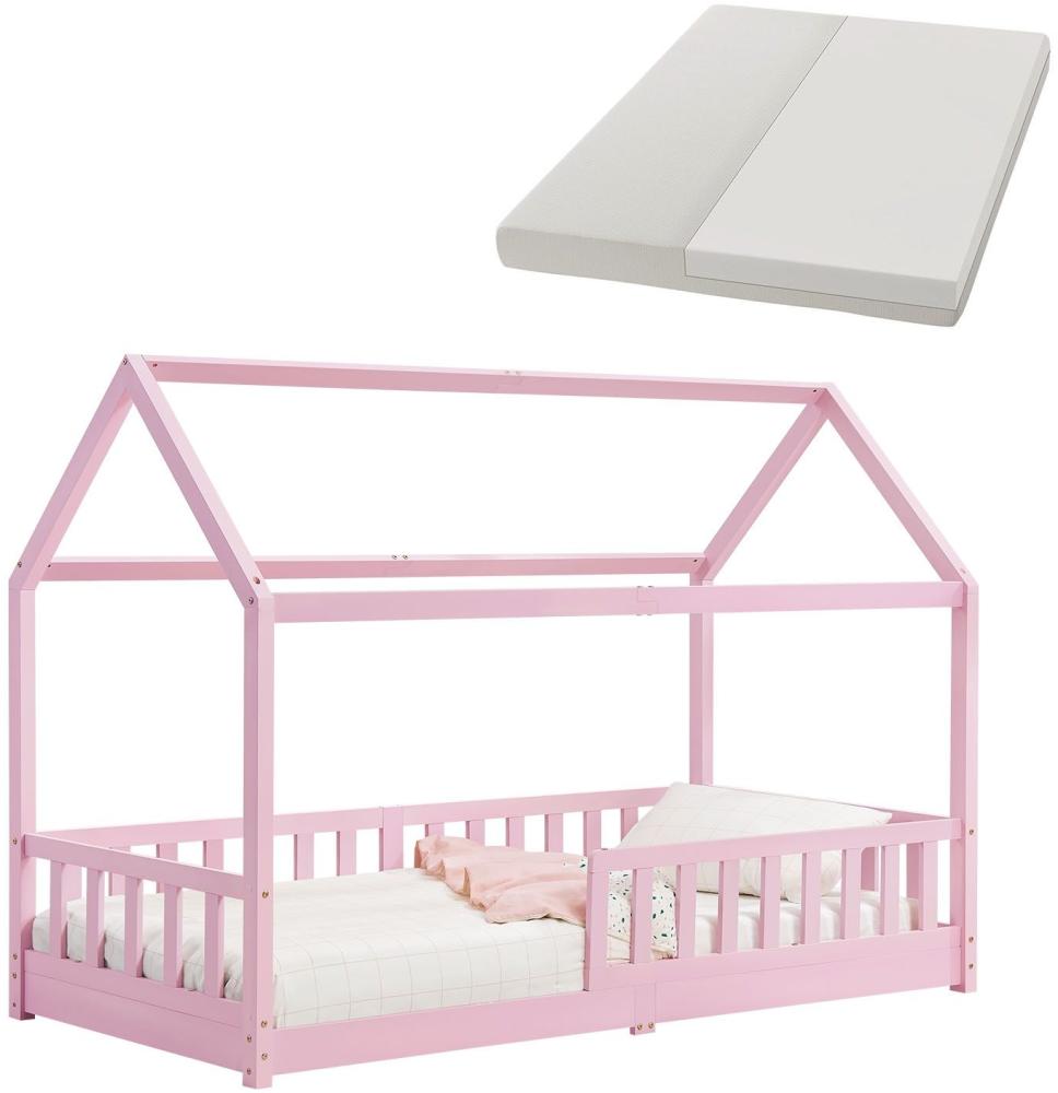 Juskys Kinderbett Marli 90 x 200 cm mit Matratze, Rausfallschutz, Lattenrost & Dach - Massivholz Hausbett für Kinder - Bett in Rosa Bild 1