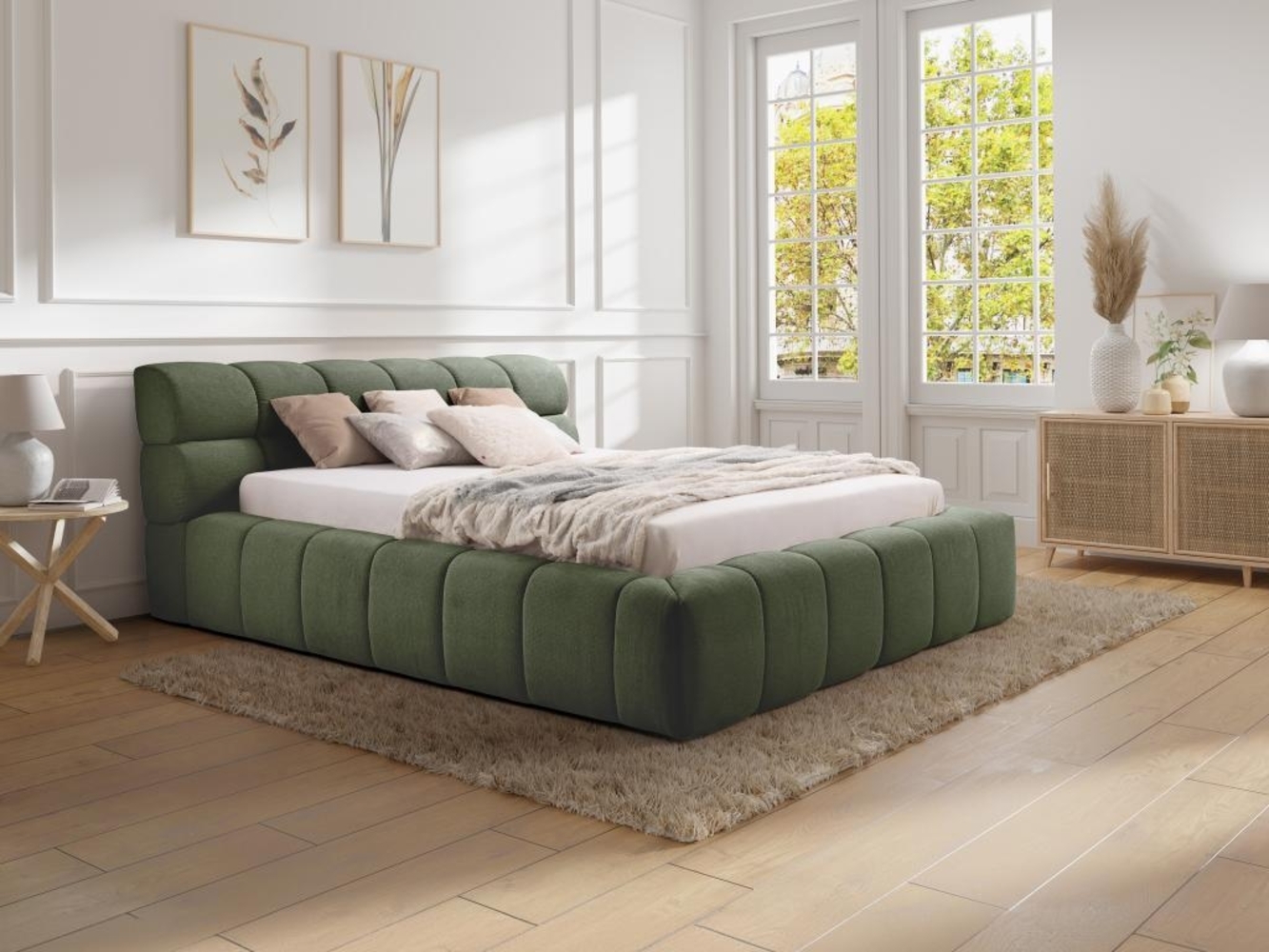 Vente-unique - Bett mit Bettkasten + Matratze - 160 x 200 cm - Stoff - Grün - FORVIK von Pascal Morabito Bild 1