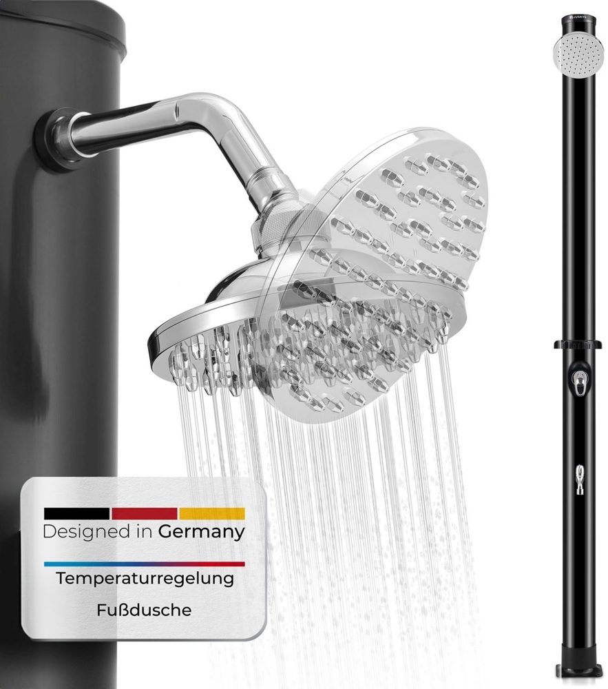 Juskys Solardusche Victoria 20 Liter - 220 cm - bis 60°C – mit schwenkbarem Duschkopf, Fußdusche & Gartenschlauch Anschluss Gartendusche Außendusche Bild 1