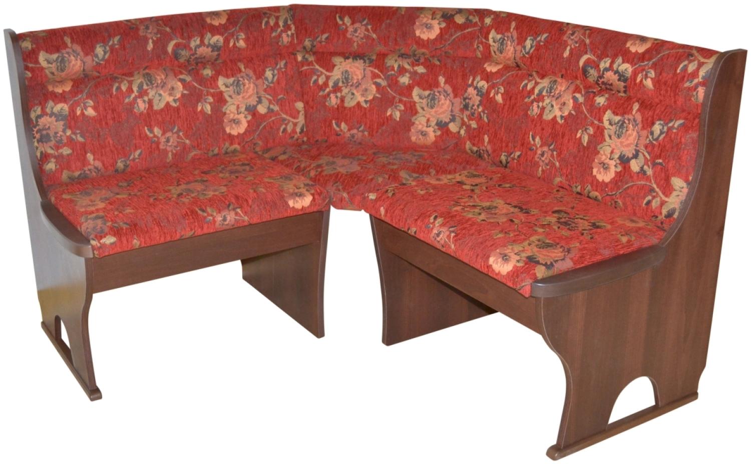 Truheneckbank "Anja 1NB" 125x125 cm, Holzdekor Nussbaum, Stoff rot mit Blumendessin Bild 1