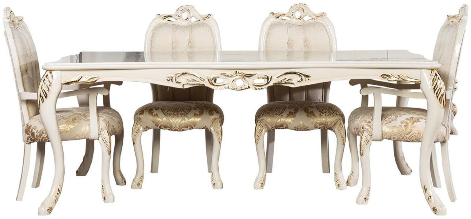 Casa Padrino Luxus Barock Esszimmer Set Weiß / Gold - 1 Barock Esstisch & 6 Barock Esszimmerstühle - Luxus Esszimmer Möbel im Barockstil - Prunkvolle Barock Esszimmer Möbel Bild 1