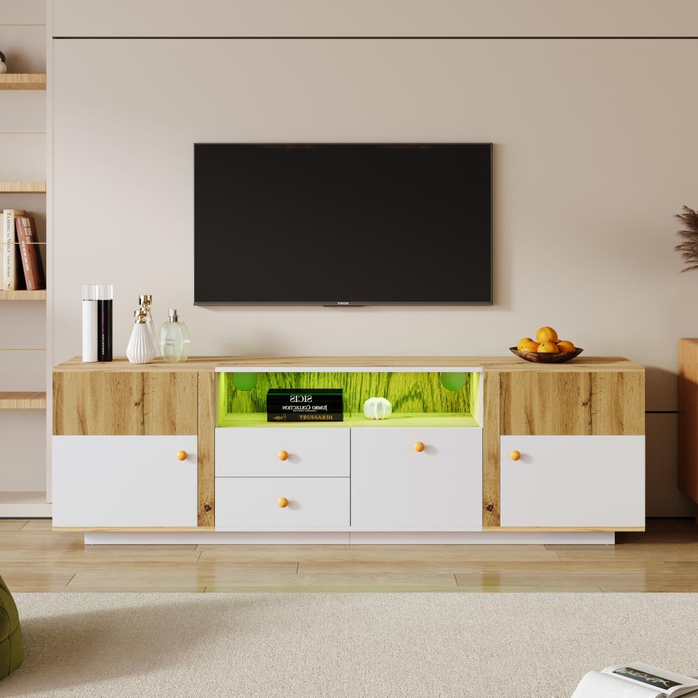 Merax Lowboard, TV-Schrank mit LED-Lichteffekten, Glastrennwand, mit Schubladen, Weiß und Holzfarbe Bild 1