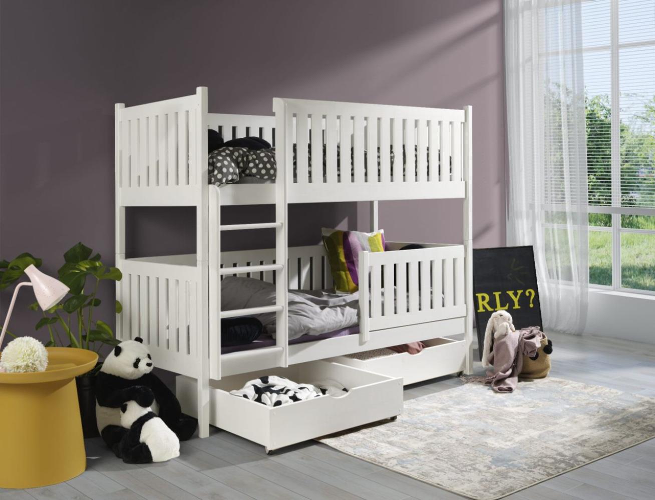 LEO Hochbett Massivholz Kinderbett Stockbett 200x90 cm mit 2 Schubladen Weiß Rechts Bild 1
