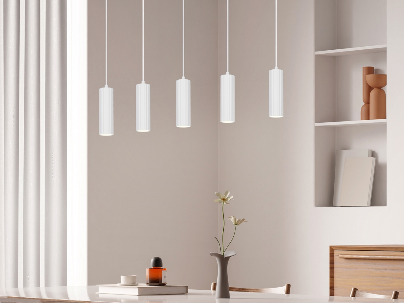 Moderne Pendelleuchte SOKA 5-flammig aus Metall Weiß, Breite 85cm Bild 1