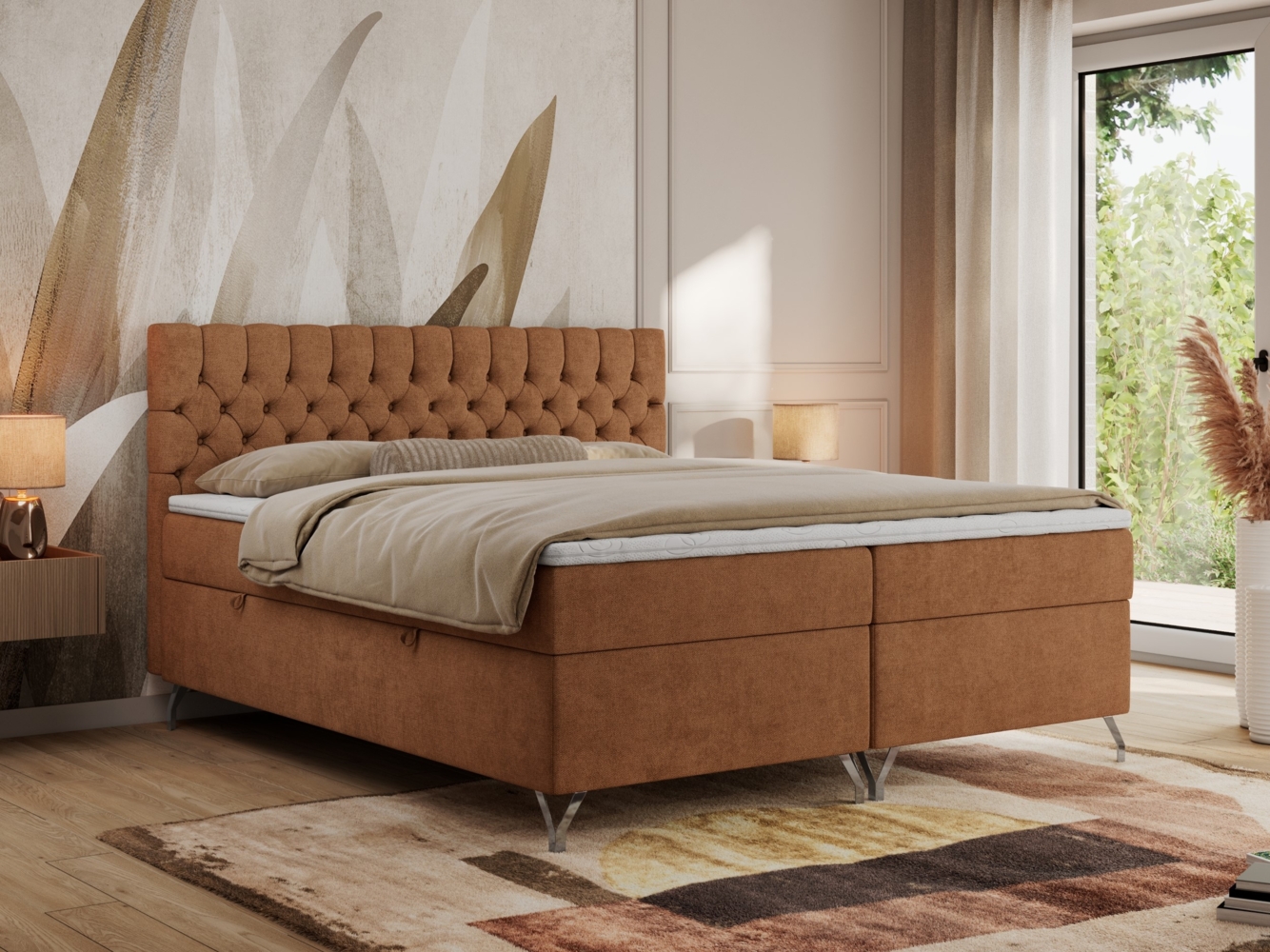 Boxspringbett mit Kopfteil und Topper, Polsterbett - GRIMALDI - 140 x 200 cm - Orange Stoff - H4 Bild 1