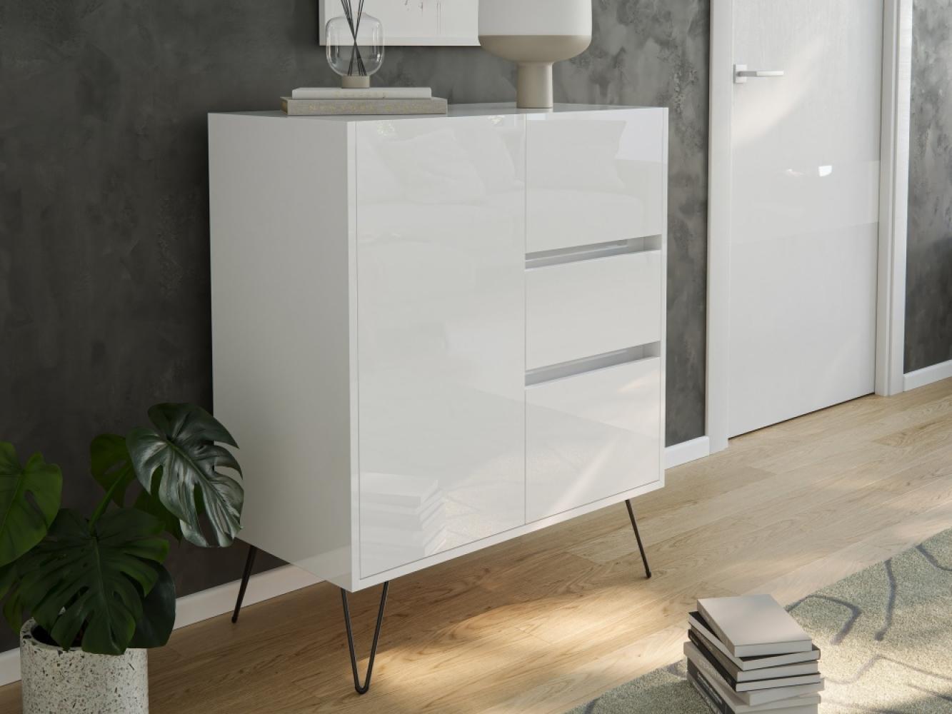 Design Sideboard Kommode Rauk 80cm 3 Greifraum SoftClose 1 Tür Weiß hochglanz : Weiss hochglanz Bild 1