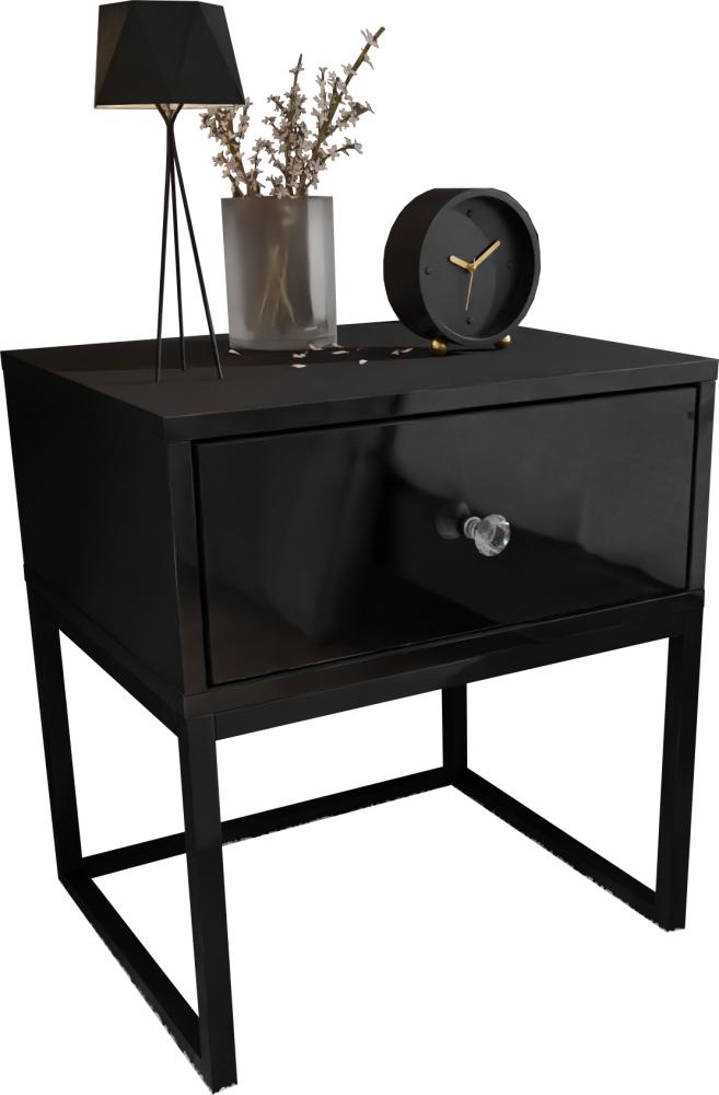 Domando Nachttisch Corvara Modern für Schlafzimmer Breite 45cm, schwarzes Metallgestell, Kristallgriff in Schwarz Matt und Schwarz Hochglanz Bild 1