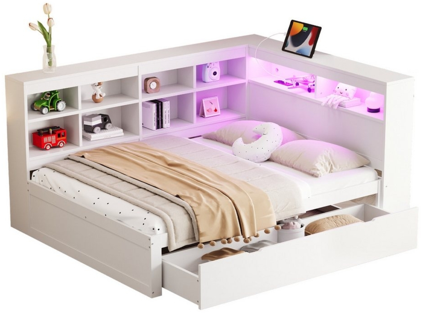 OKWISH Kinderbett Schlafsofa Funktionsbett Stauraumbett (Doppelbett Daybett Tagesbett mit USB-Steckdose, LED-Beleuchtung und viel Stauraum – Extra große Schubladen, Regale und Ablagefächer, ideal für Gästezimmer und moderne Schlafzimmer, für Erwachsene... Bild 1