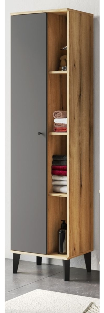 Badezimmer Hochschrank Torsby in grau und Eiche 51 x 190 cm Bild 1