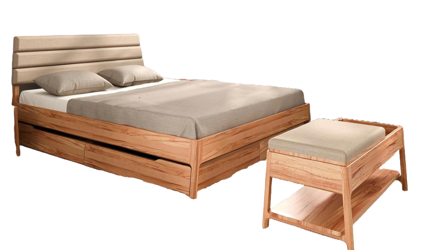 Bett Swig 2 Sonderlänge 180x190 Kernbuche massiv Polsterkopfteil Beige Holzbeine Bild 1