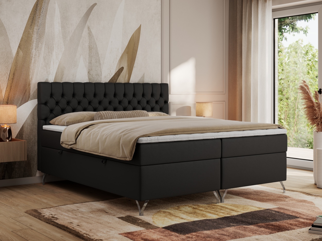 Boxspringbett mit Kopfteil und Topper, Polsterbett - GRIMALDI - 120 x 200 cm - Schwarz Kunstleder - H3 Bild 1