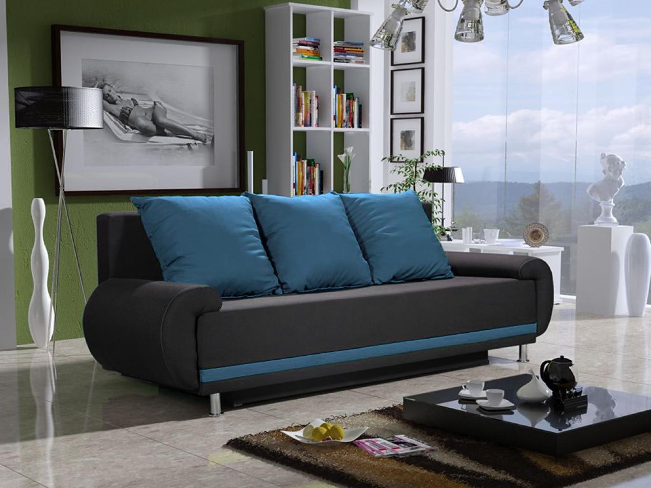 Sofa Designersofa MIKA 3-Sitzer mit Schlaffunktion Anthrazit- Hellblau Bild 1