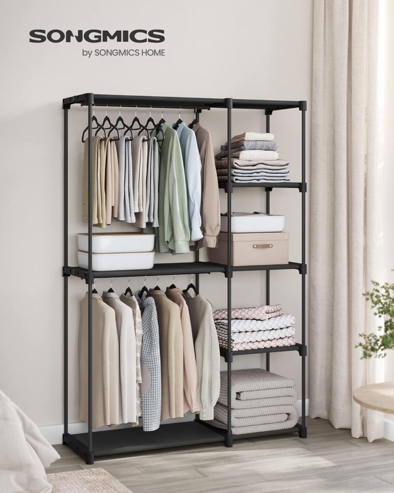 SONGMICS Kleiderschrank offen, freistehende Garderobe, Standregal, Kleiderständer mit Kleiderstangen, Garderobenständer, Ankleidezimmer, Schlafzimmer, 43 x 124 x 182 cm, schwarz RYGDE026B02 Bild 1