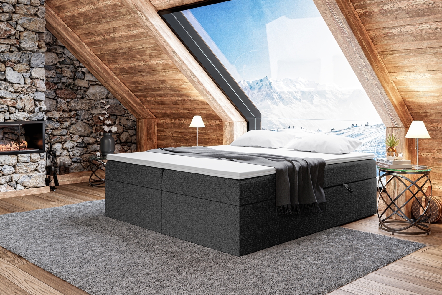 MEBLINI Boxspringbett LIONEL 160x220 cm mit Bettkasten - H4/Schwarz Webstoff Polsterbett - Doppelbett mit Topper & Bonellfederkern-Matratze Bild 1