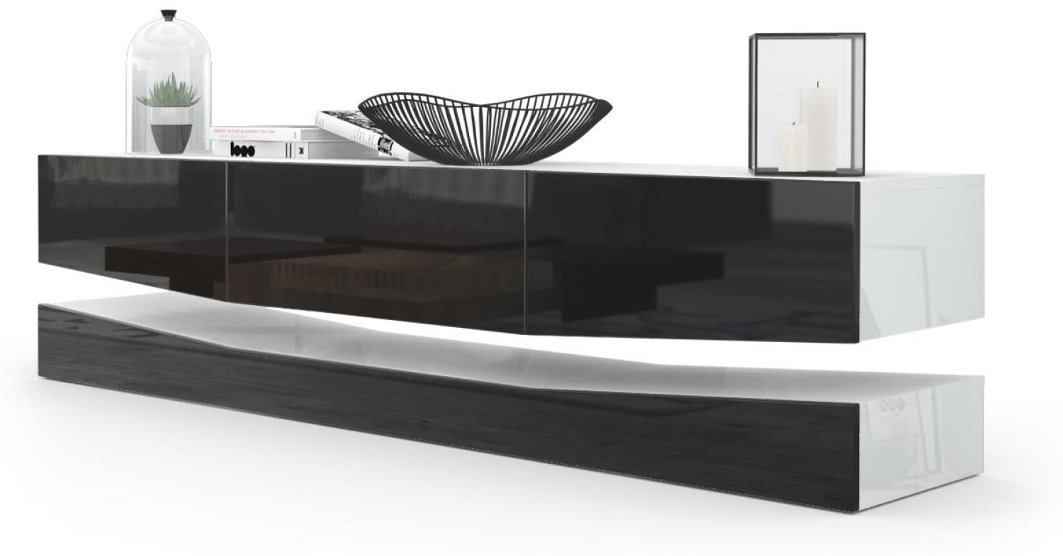 Vladon Lowboard City, TV-Kommode mit Sockelelement, 1 offenem Fach und 3 Schubkästen, Weiß Hochglanz/Schwarz Hochglanz (178 x variabel x 39 cm) Bild 1