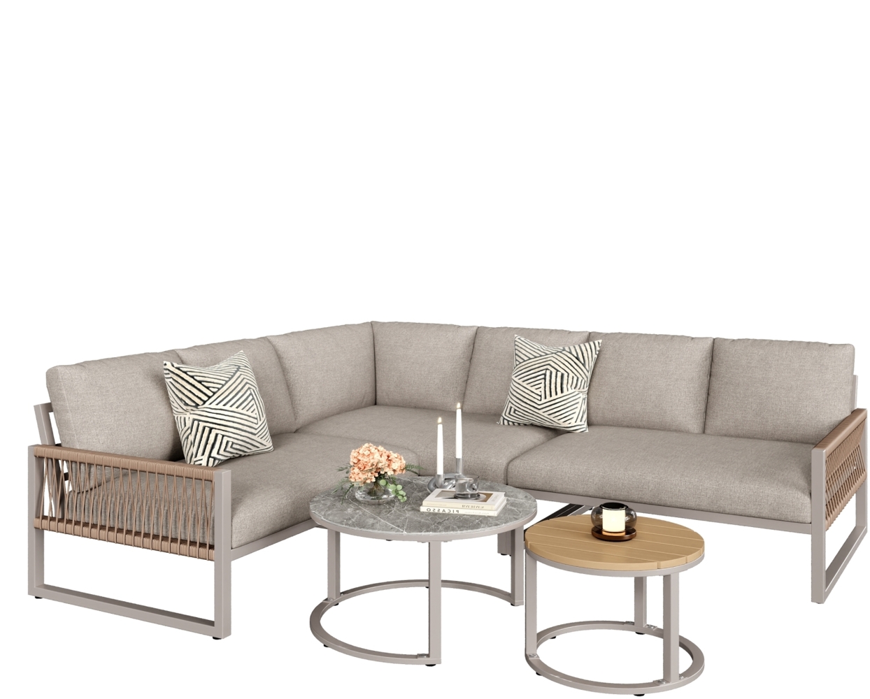 Merax Gartenlounge für 6-7 Personen, verstellbare Beine, inklusive Sitz- und Rückenkissen, Polyester beige Bild 1