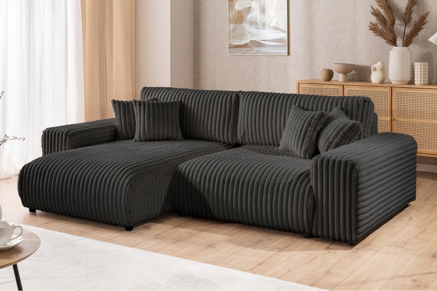 S-Style Möbel Ecksofa Mollis mit Schlaffunktion und Bettkasten aus Plüschcord, mit Wellenfederung Bild 1