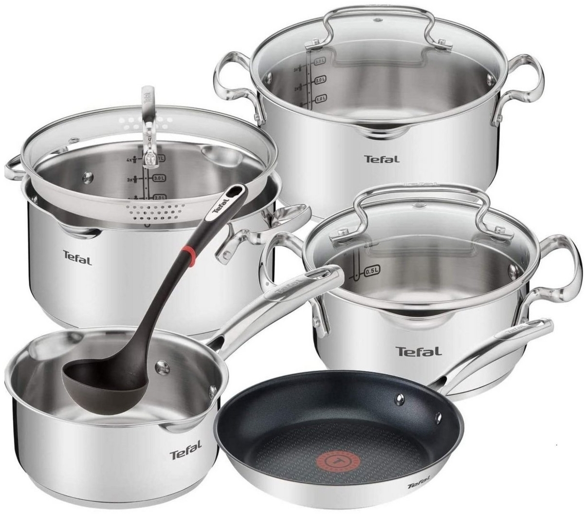 Tefal Topf-Set Duetto/G719S7, Edelstahl (9-tlg), Induktion Topf-Set mit Glasdeckel mit Siebfunktion mit Suppenkelle und Einlage Pfanne, Hochwertig polierte Edelstahl Töpfe mit Siebdeckel, Antihaft Bratpfanne, mit 20 cm Pfanne Bild 1