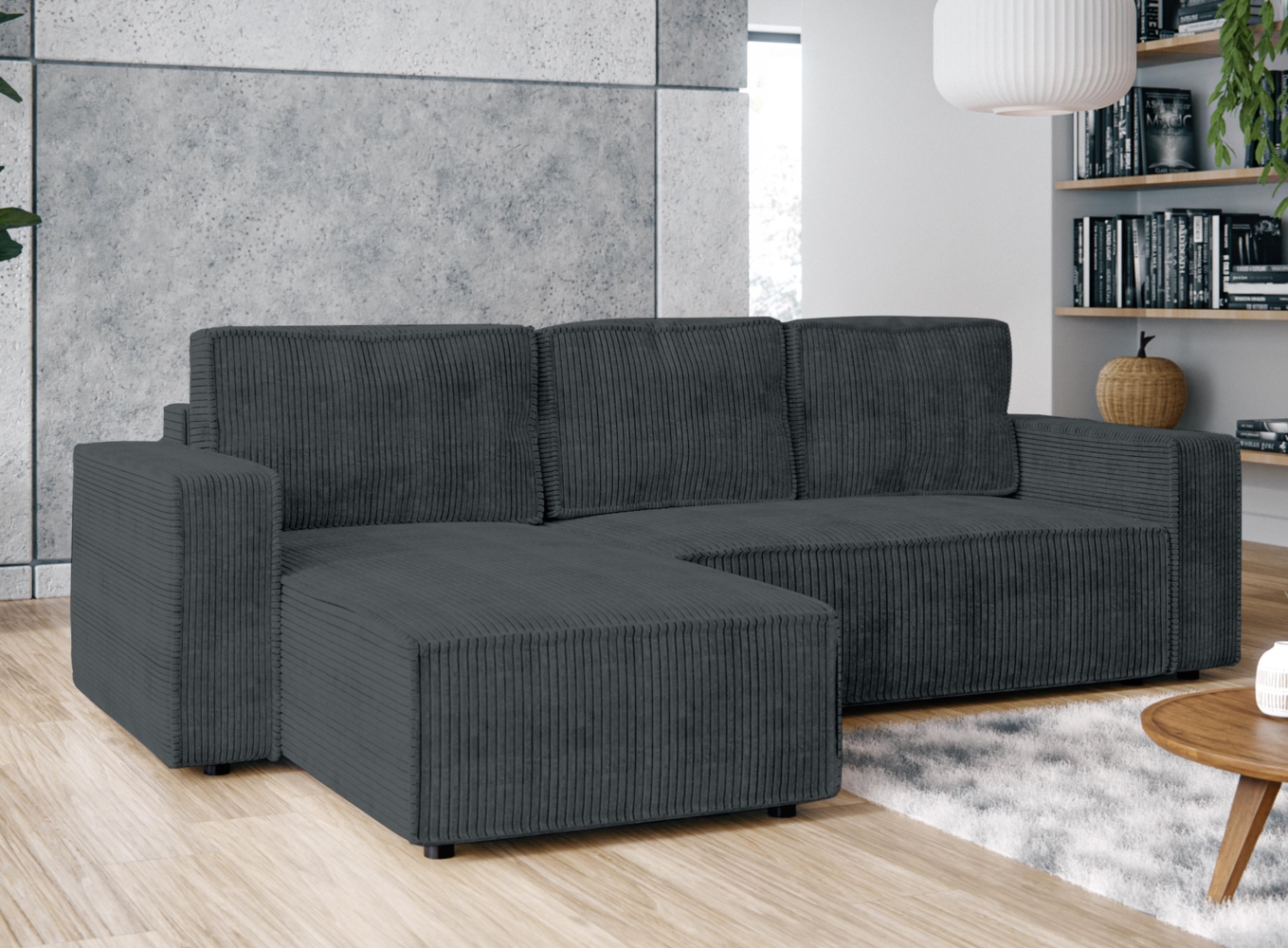 AX LIVING Ecksofa L Form Aydin Cord Schlafsofa Grau Schlaffunktion 258 Bild 1