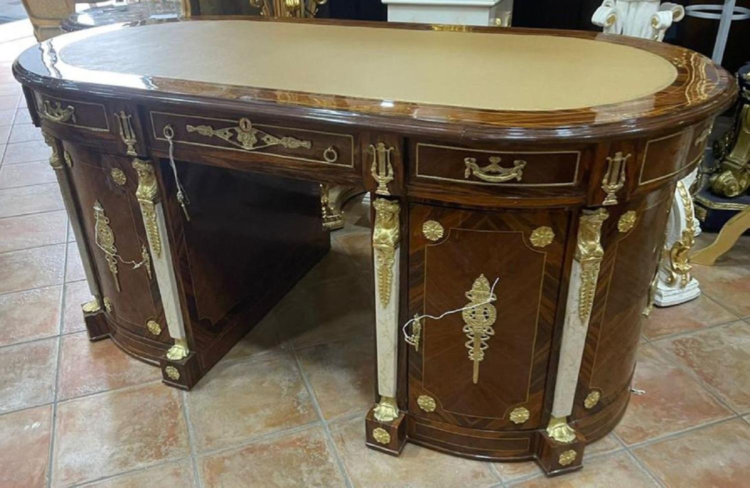 Casa Padrino Barock Massivholz Schreibtisch Braun Intarsien / Gold / Weiß / Cremefarben - Prunkvoller ovaler Bürotisch im Barockstil - Handgefertigte Barock Büro Möbel Bild 1