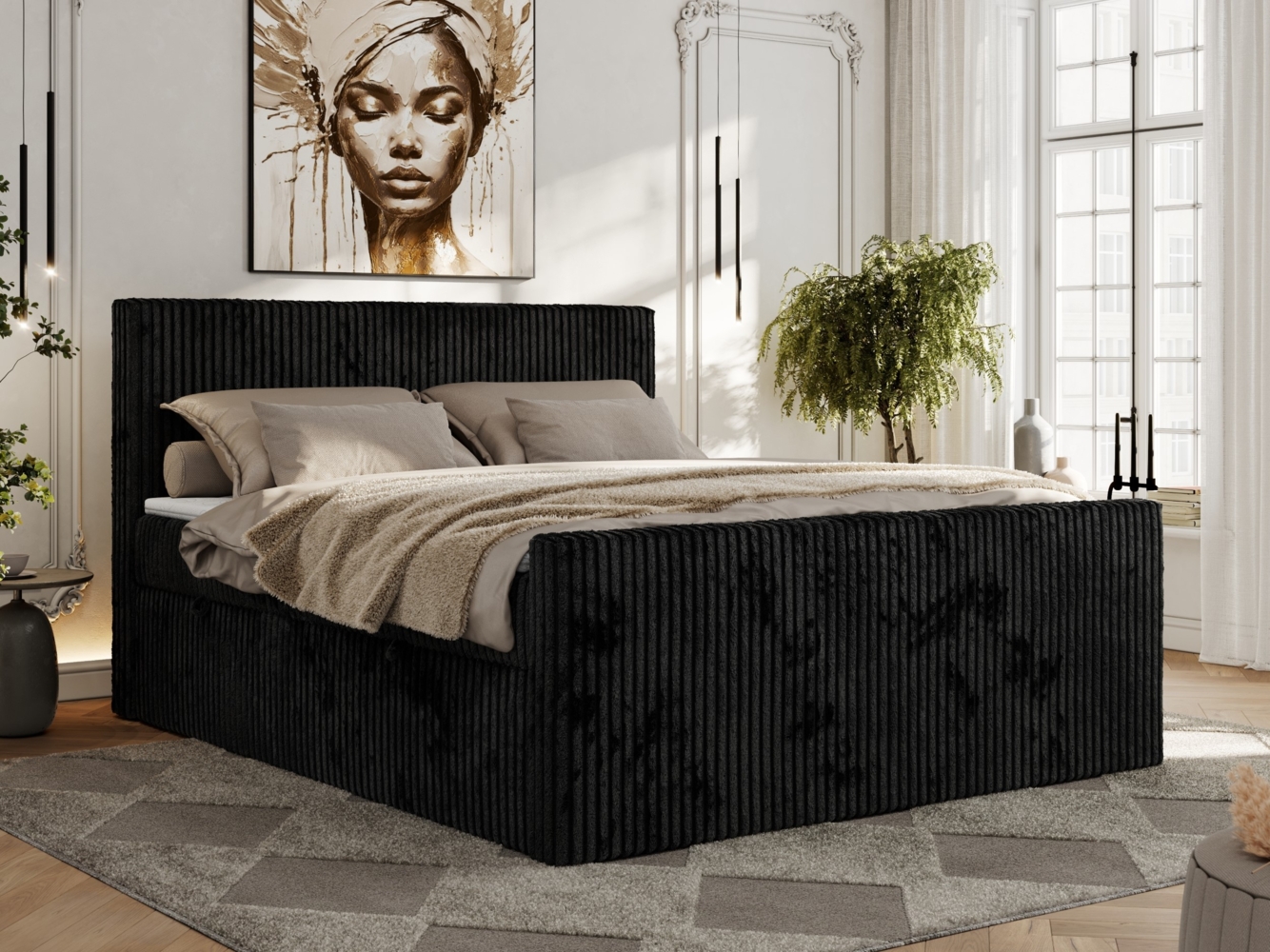 Boxspringbett, Doppelbett mit zwei Bettkästen und hohem Kopfteil aus Cordstoff - TILIANO DUO - 180 x 200 cm - Schwarz Cord - H3 Bild 1