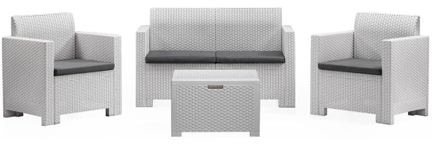 Dmora Loungeset für draußen Gazania, Outdoor-Lounge mit Couchtisch, Terrassenset mit Kissen, Gartenkomposition mit Sofa und Sesseln, Made in Italy, Weiß Bild 1