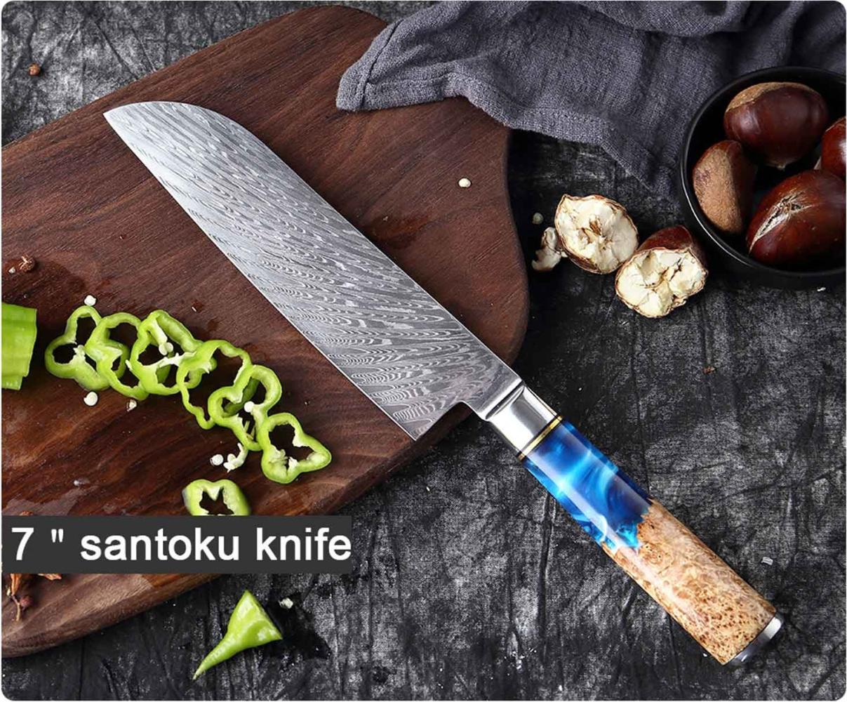 Santoku Damastmesser, das Koch und Küchenmesser mit exklusiven, unikaten Holzgriff Bild 1