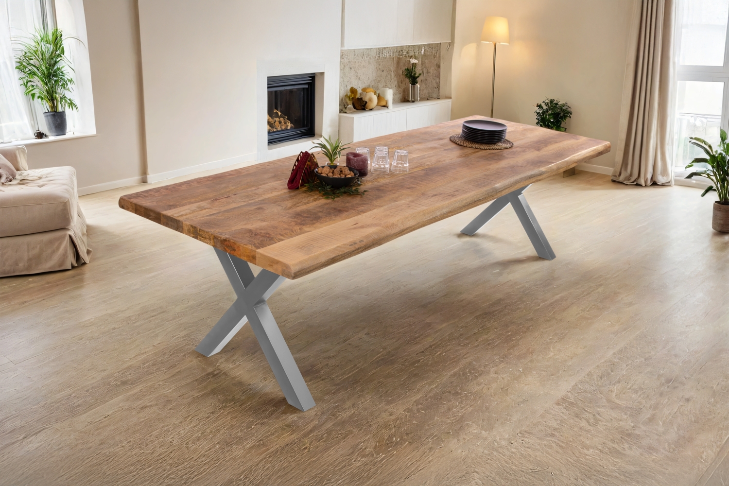 Esstisch Baumkante massiv Mango 240 x 100 X-Gestell silber CALI 140108014 Bild 1