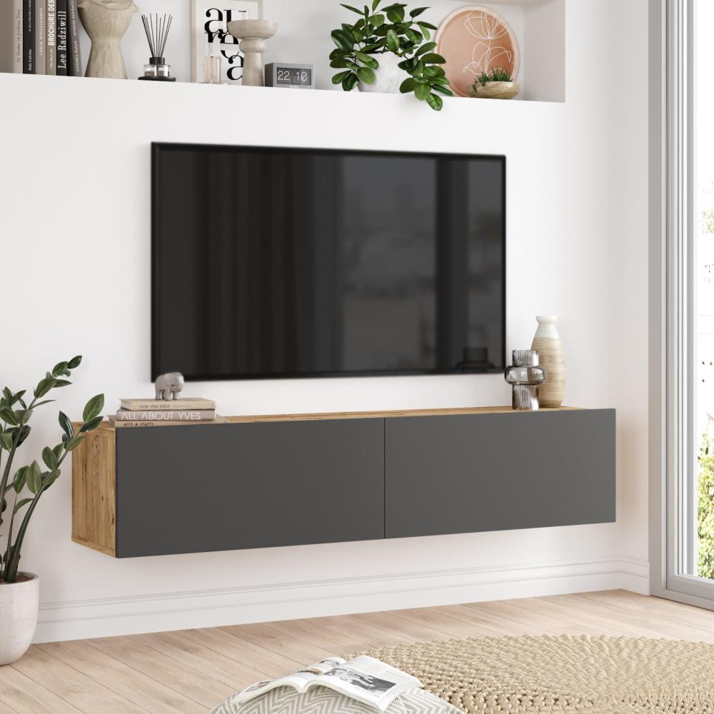 [en. casa] TV Hängeboard Lapinlahti Lowboard Hängeschrank 140 cm TV Board Fernsehtisch Wandregal hängend Eiche rustikal/Anthrazit Bild 1