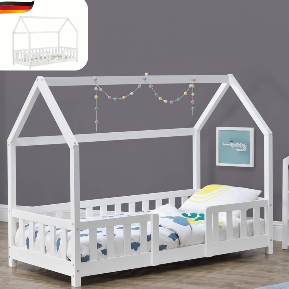 DELUKE® Kinderbett 70x140 cm LULO - Inkl. Lattenrost Rausfallschutz Einzelbett Hausbett Kinderzimmer Bodenbett Kinder Bett Klein Montessori Bett Weiß Bild 1