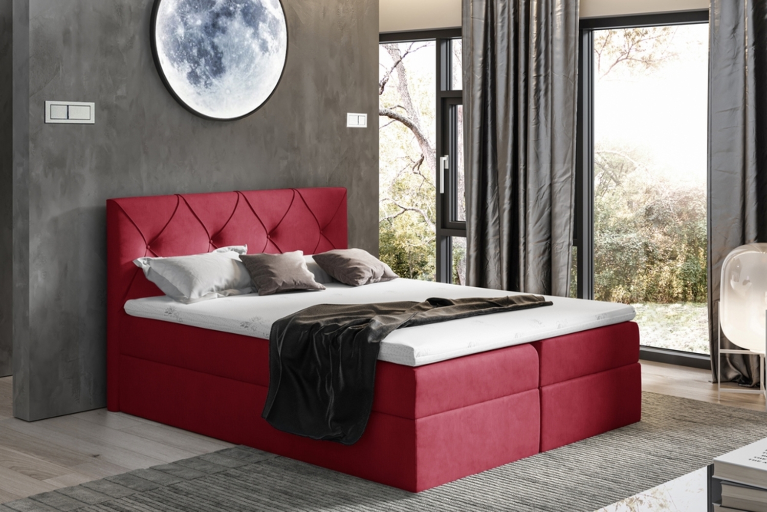 99rooms Arian Boxspringbett Velours 140x200 cm Bordeaux Bild 1