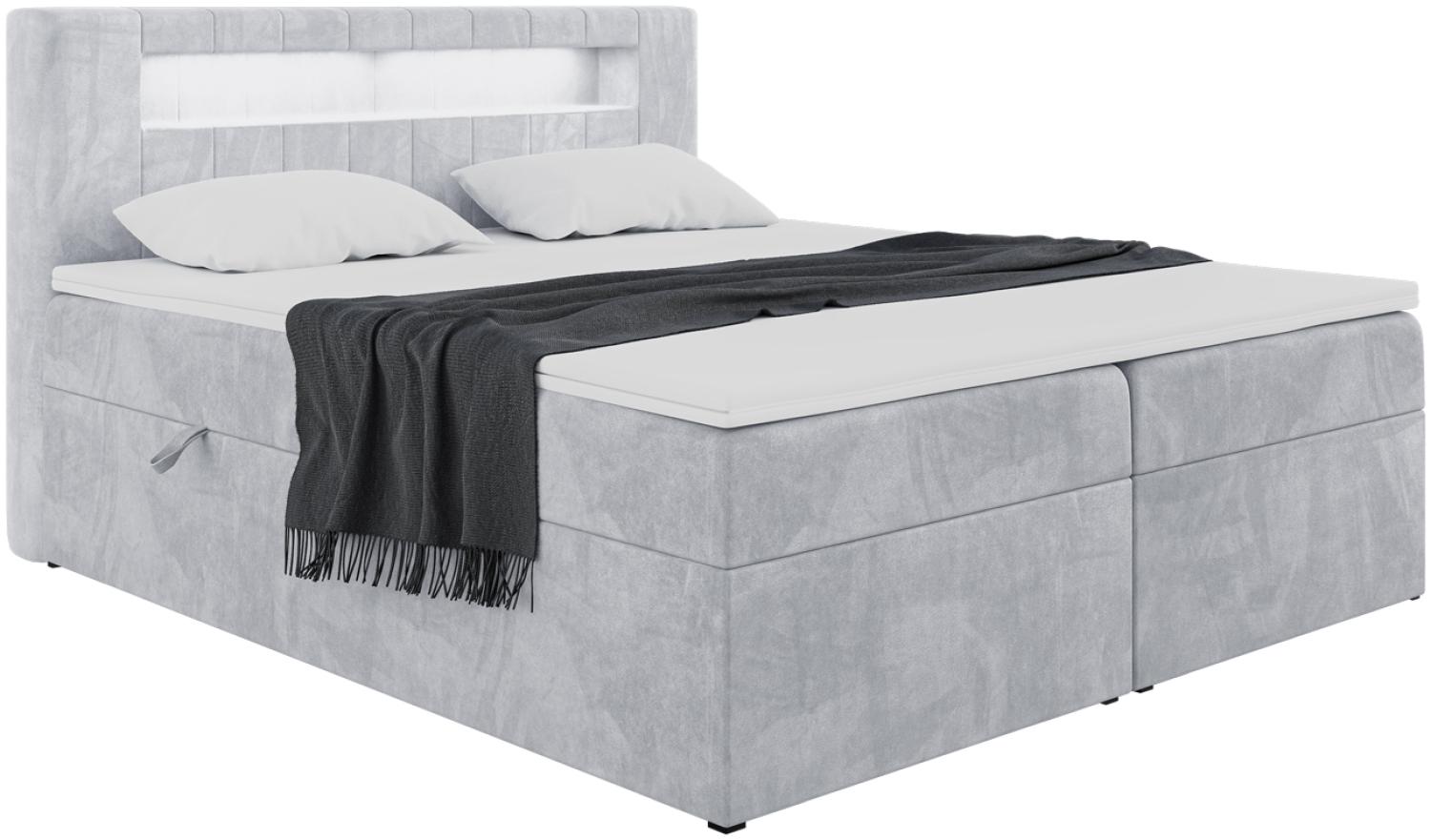 MEBLINI Boxspringbett ASPIN 180x200 cm mit Bettkasten und LED - H4/Hellgrau Samt Polsterbett - Doppelbett mit Topper & Taschenfederkern-Matratze Bild 1