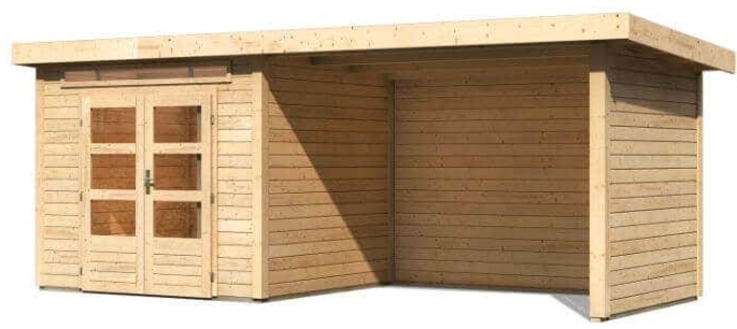 Karibu Woodfeeling Gartenhaus Kandern mit Anbaudach Seiten- und Rückwand 270x270 Gartenhaus aus Holz Holzhaus mit 28 mm Wandstärke inklusive Schleppdach Blockbohlenhaus Bild 1