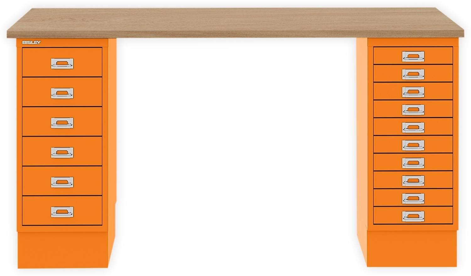 MultiDesk, 1 MultiDrawer mit 10 Schüben, 1 MultiDrawer mit 6 Schüben, Dekor natürliche Eiche, Farbe Orange, Maße: H 740 x B 1400 x T 600 mm Bild 1