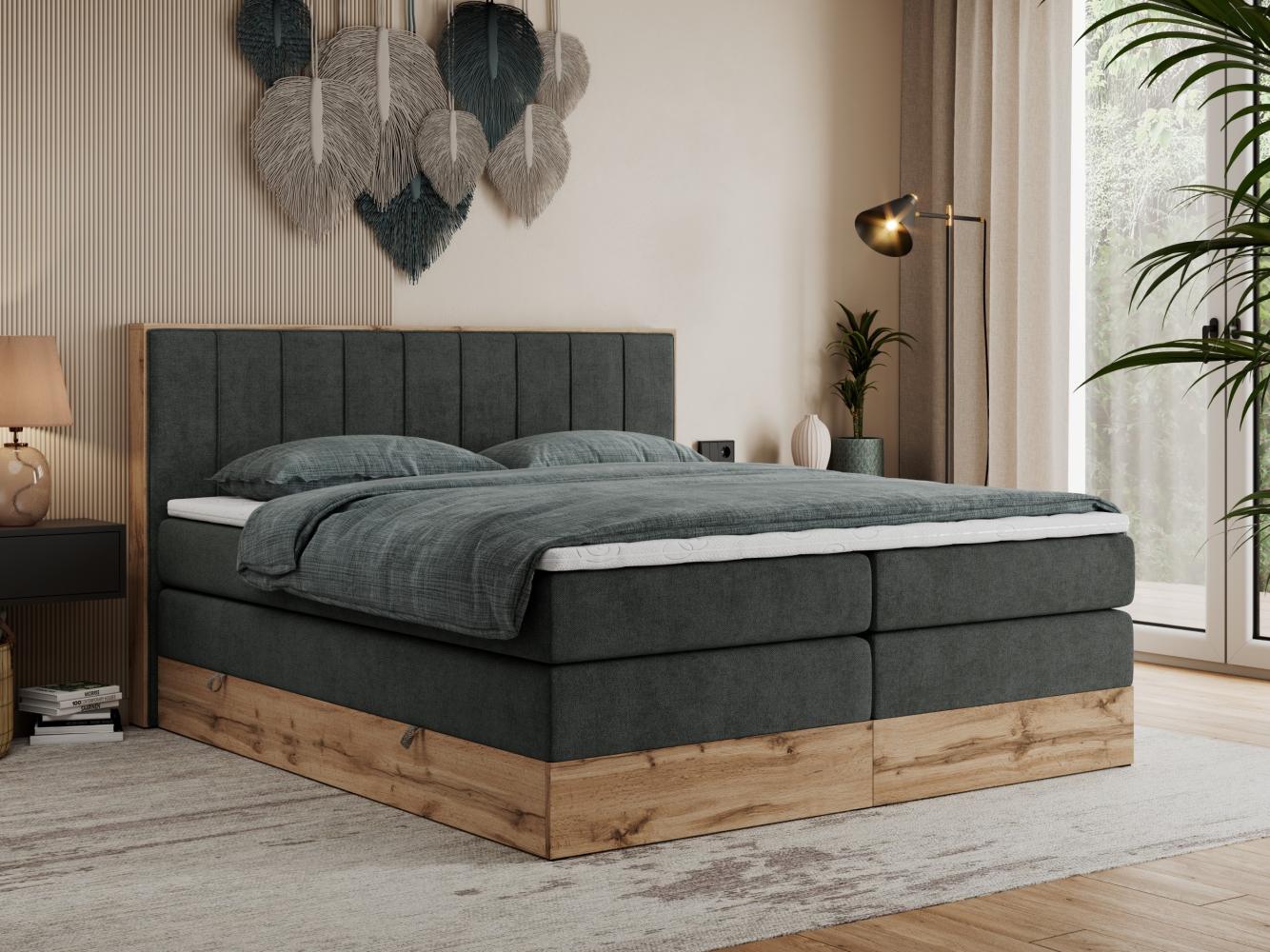 Boxspringbett BELLISSIMO KING, Doppelbett mit Multipocket-Matratze, Polsterbett mit Kopfstütze - 140 x 200 cm - Dunkelgrau Stoff - H4 Bild 1