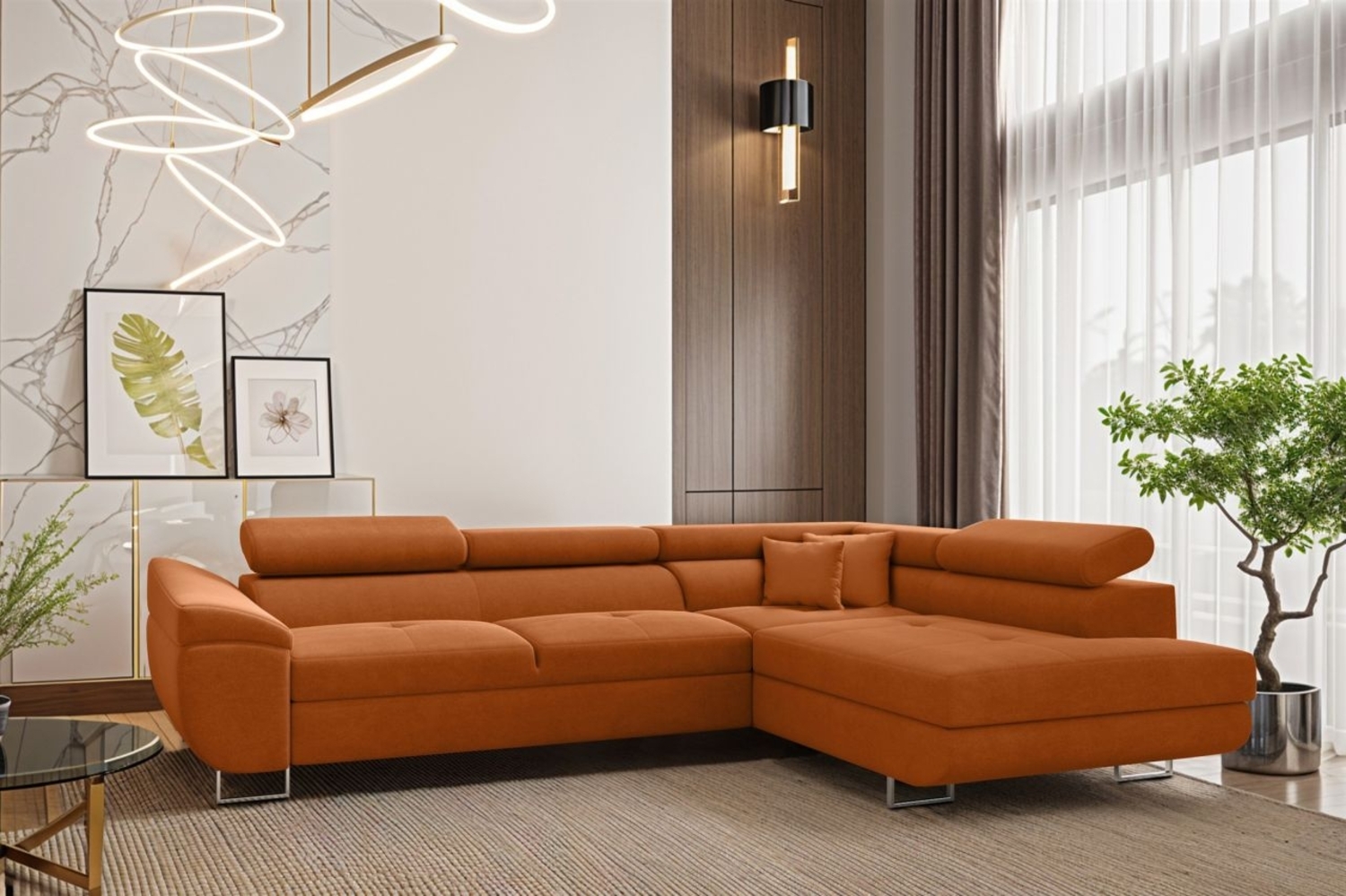 Ecksofa Schlafsofa Sofa CARMELO in Stoff Nova Orange Ottomane Rechts Bild 1