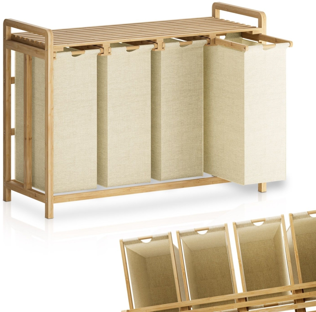 Juskys Bambus Wäschekorb Kory 4er Beige - Wäschesammler mit herausnehmbaren Fächern je 40 L - Wäschetrenner & Sortiersystem, Schmutzwäschebehälter Bild 1