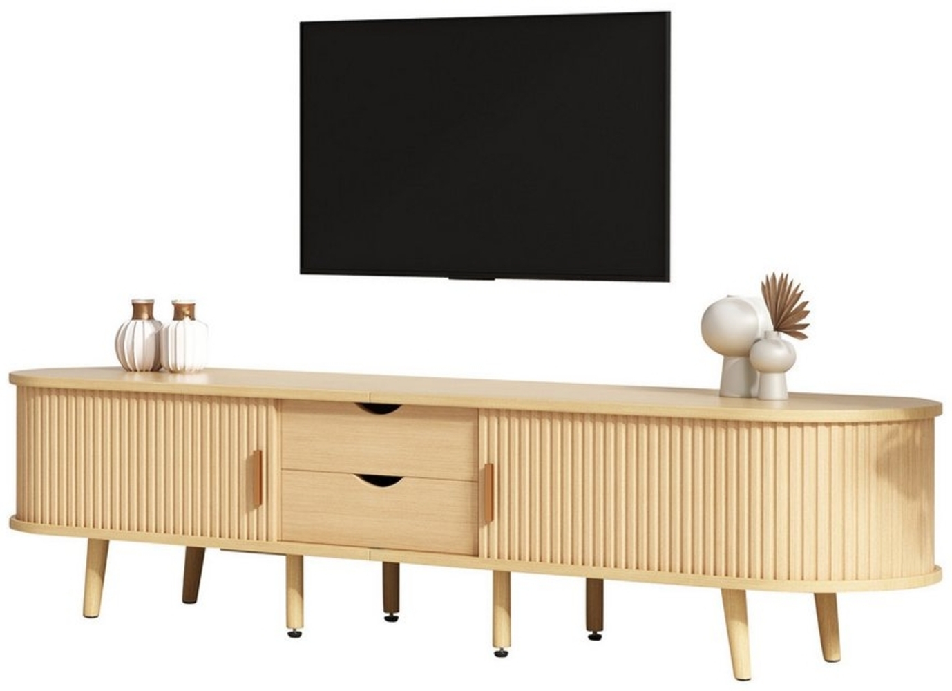 OKWISH Lowboard mit Stauraum, Holzmaserung (Wohnzimmermöbel, TV-Panel, Fernsehschrank, Mehrzweckschrank, 1 St, 2 Schiebetüren, 2 Schubladen), mit geschwungene, vertikal geprägte Schiebetür Bild 1