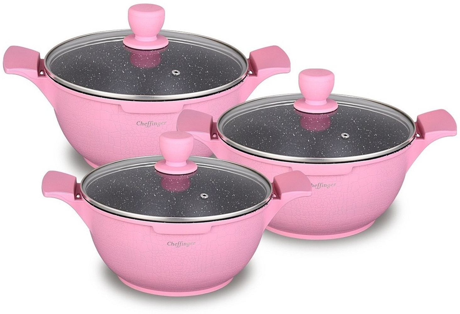 Cheffinger Topf-Set Kochtopf Kasserolle Topf Set 6-tlg mit Glasdeckel Cheffinger pink, Material: Aluminium, Stahl, Glas (Koch-Set bestehend aus 6 Teilen) Bild 1