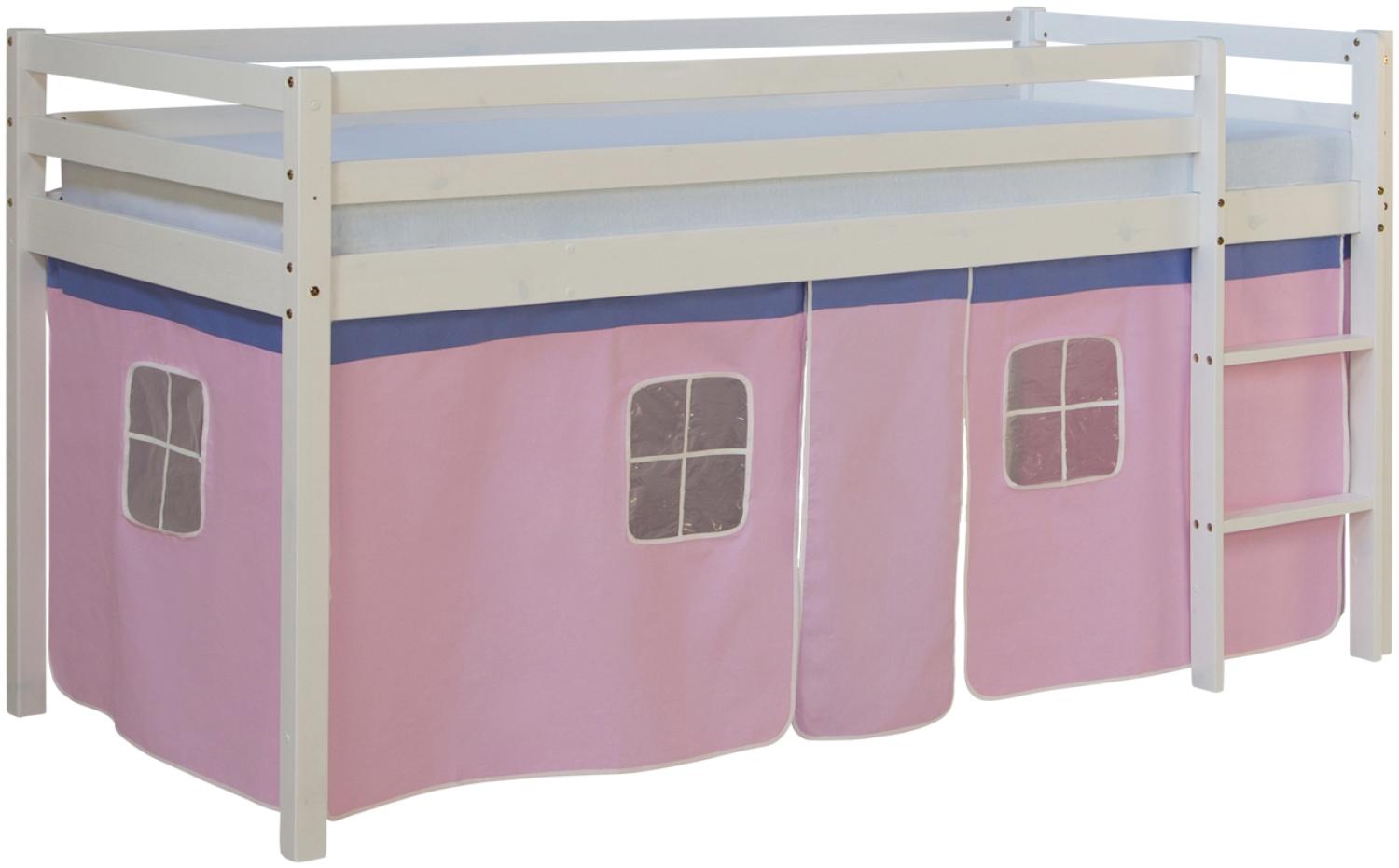 Hochbett mit Lattenrost 90x200 cm Kinderbett Leiter Holz Kiefer Vorhang Rosa Jugendbett Bild 1