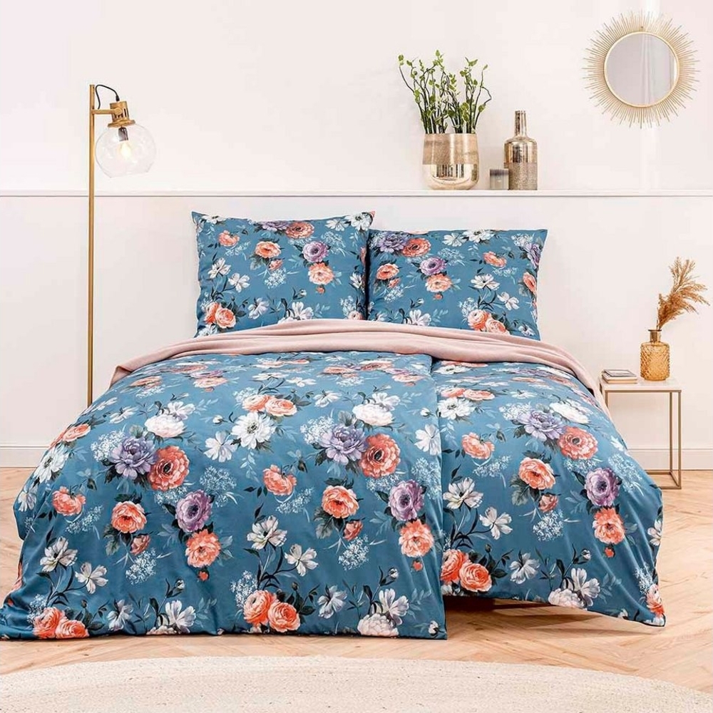 Estella Mako-Satin Bettwäsche 135x200 Susanna petrol Rosen Blüten 7912-050 Bild 1