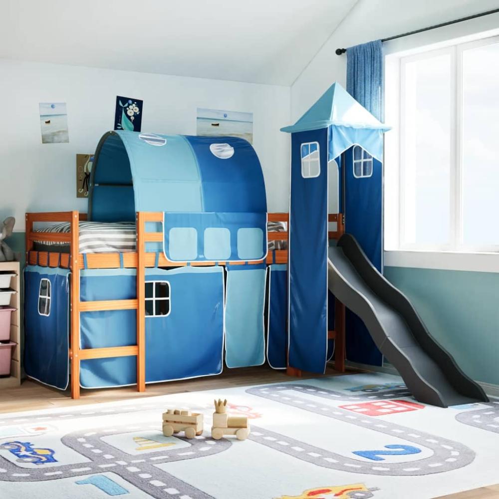 vidaXL Kinderhochbett mit Turm Blau 90x200 cm Massivholz Kiefer 3309162 Bild 1