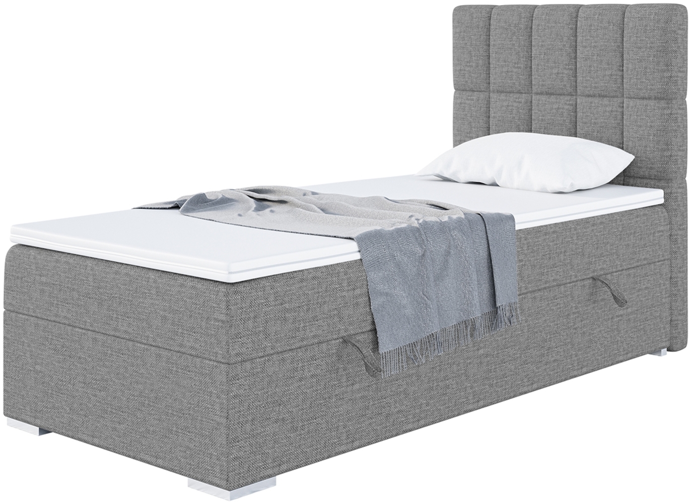 MEBLINI Boxspringbett LUKAS 90x200 cm mit Bettkasten - H3/Grau Webstoff Gepolstert Einzelbett mit Topper & Bonellfederkern-Matratze - 90x200 Rechts Bild 1