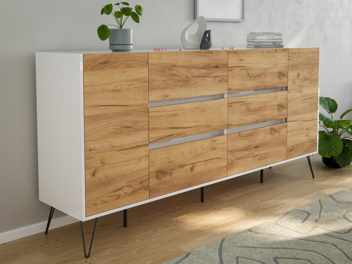 Sideboard Kommode Yako 200cm Greifraum 6 SoftClose 2 Türen Weiß/Eiche Front : Oak Gold / Weiss hochglanz Bild 1